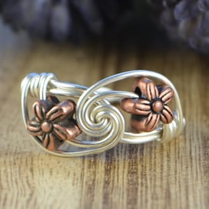 Wire Wrapped Ring-Sterling Silver, Yellow or Rose Gold Filled Wire with Two Copper Tone Flower Beads- Any Size 4 5 6 7 8 9 10 11 12 13 14