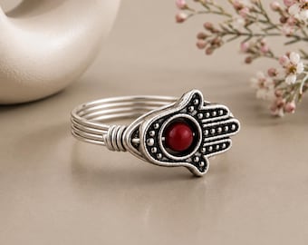 Red Coral Hamsa Ring: Sterling Silver or Gold Filled Wire Wrapped Gemstone & Silver Plated Pewter Hand Bead- Custom Size