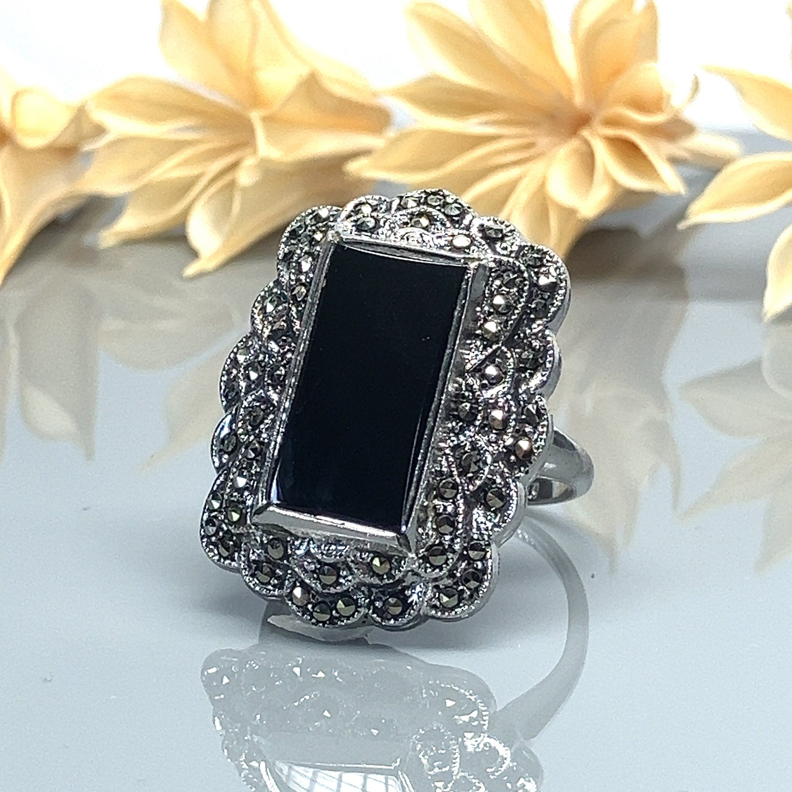 Elongated Rectangular Black Onyx and Marcasite Sterling