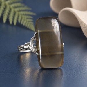 Gray Moonstone Ring:  Sterling Silver or Gold Filled Wire Wrapped Rectangular Gemstone -  Custom Size