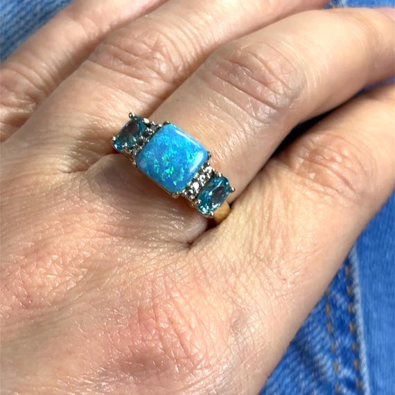 Square Blue Opal Ring: Gold Plated Sterling Silve… - image 6