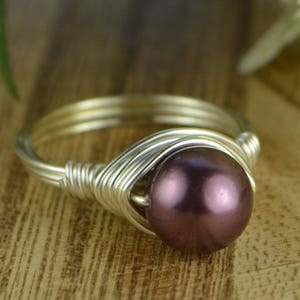 Burgundy Swarovski Crystal Pearl Wrapped Ring/Sterling Silver, 14k Yellow or Rose Gold Filled Wire- Custom Size (full, .25, .5, .75)