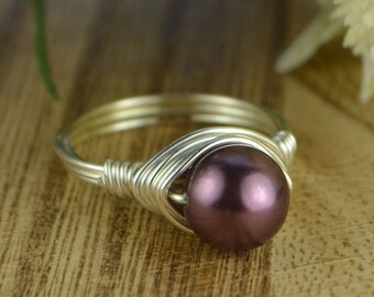 Burgundy Swarovski Crystal Pearl Wrapped Ring/Sterling Silver, 14k Yellow or Rose Gold Filled Wire- Custom Size (full, .25, .5, .75)