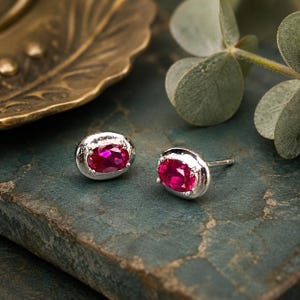 Oval Ruby Stud Earrings: Hot Pink Gemstone, Sterling Silver - Vintage/Pre-Owned