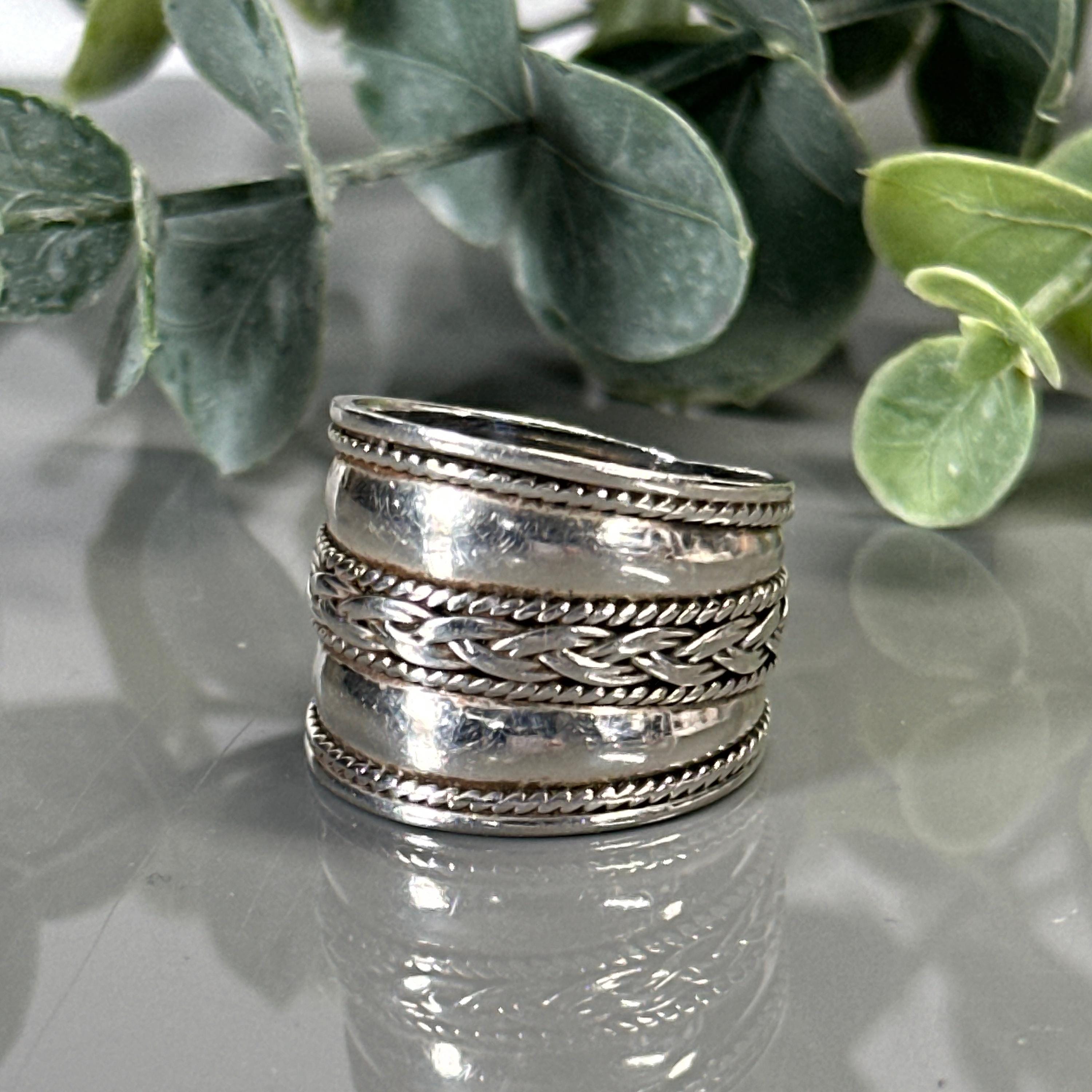 Large Sterling Silver Cigar Band Ring: Rope/braided Design Details 