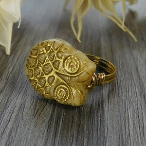 Cream and Gold Owl Ring- Sterling Silver, Yellow or Rose Gold Filled Wire Wrapped Glass Bead- Any Size 4 5 6 7 8 9 10 11 12 13 14