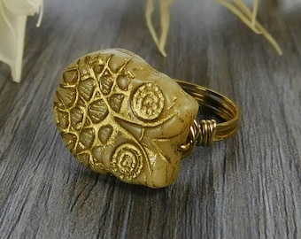 Cream and Gold Owl Ring- Sterling Silver, Yellow or Rose Gold Filled Wire Wrapped Glass Bead- Any Size 4 5 6 7 8 9 10 11 12 13 14