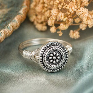 Flower Ring: Sterling Silver or Gold Filled Wire Wrapped Silver Tone Metal Bead - Custom Size