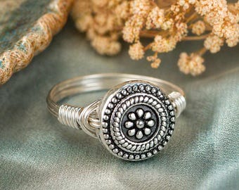 Flower Ring: Sterling Silver or Gold Filled Wire Wrapped Silver Tone Metal Bead - Custom Size