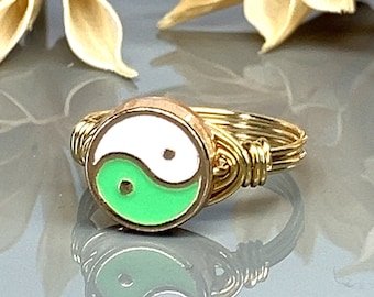 Green Yin Yang Wrapped Ring- Sterling Silver, Yellow or Rose Gold Filled Wire & Gold Tone Zinc Alloy Bead -Size 4 5 6 7 8 9 10 11 12 13 14