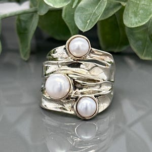 Hagit Gorali Sterling Silver Pearl Ring Wide Band Statement Ring Size 9
