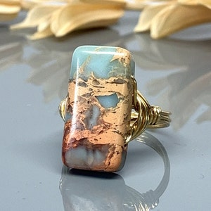 Aqua Terra Jasper Statement Ring-Sterling Silver, 14k Yellow or Rose Gold Filled Wire Wrapped Ring - Any Size 4 5 6 7 8 9 10 11 12 13 14