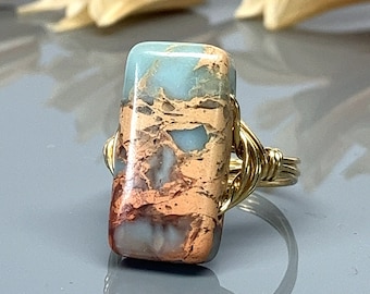 Aqua Terra Jasper Statement Ring-Sterling Silver, 14k Yellow or Rose Gold Filled Wire Wrapped Ring - Any Size 4 5 6 7 8 9 10 11 12 13 14