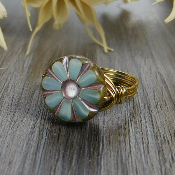 Blue and Pink Daisy Ring- Sterling Silver, 14k Yellow or Rose Gold Filled Wire Wrapped Glass Bead- Custom Size (full, .25, .5, .75)