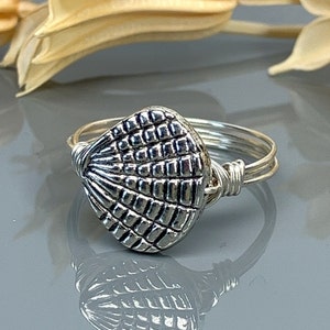 Shell Ring- Sterling Silver, Yellow or Rose Gold Filled Wire Wrapped Ring with Metal Shell Bead - Size 4 5 6 7 8 9 10 11 12 13 14