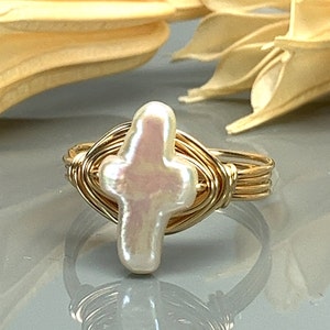 White Pearl Cross Wire Wrapped Ring - Sterling Silver, Yellow, or Rose Gold Filled- Custom Sizes 4-14