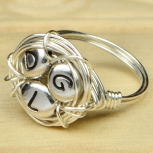 Family Nest Initials Personalized Ring- Sterling Silver Filled Wire Wrapped Ring- Any Size- Size 4, 5, 6, 7, 8, 9, 10, 11, 12, 13, 14