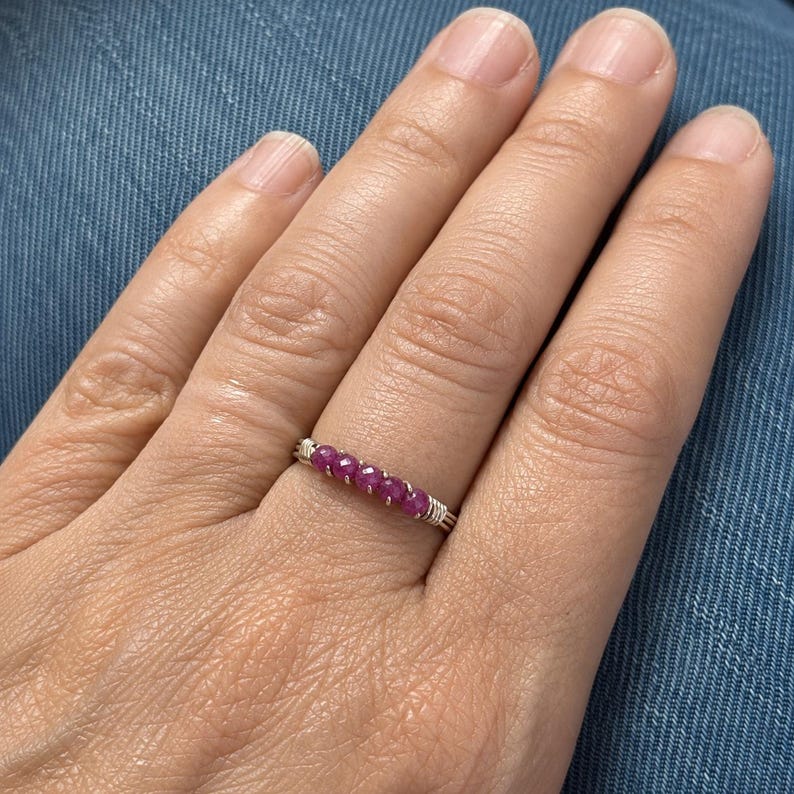 Ruby Stackable Ring: Sterling Silver or Gold Filled Wire Wrapped Tiny Faceted Gemstones- Custom Size image 4