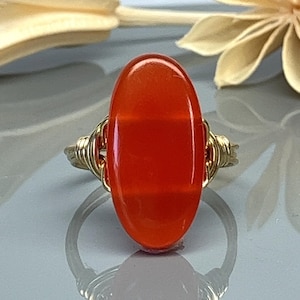 Carnelian Oval Statement Ring-Sterling Silver, 14k Yellow or Rose Gold Filled Wire Wrapped Ring -Custom Size (full, .25, .5, .75)