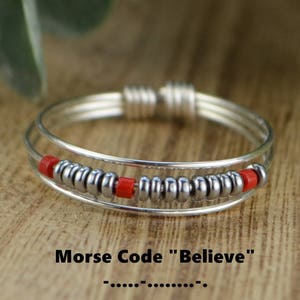 Morse Code BELIEVE Ring- Choice of Color Beads and Silver, Rose, or Yellow Gold Filled Wire-Size 4 5 6 7 8 9 10 11 12 13 14 1/4 1/2 3/4