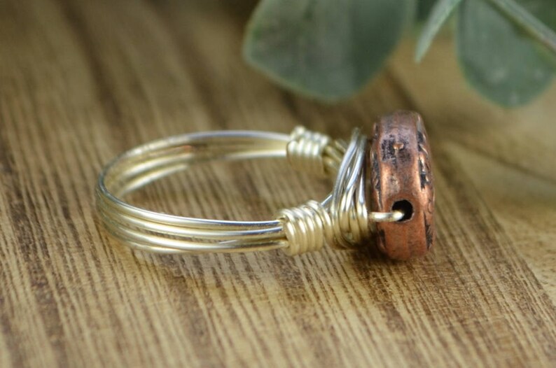 Cameo Ring 14k Yellow or Gold Filled Wire Wrapped Ring with Copper Tone Oval Metal Bead Size 4 5 6 7 8 9 10 11 12 13 14 Sterling Silver