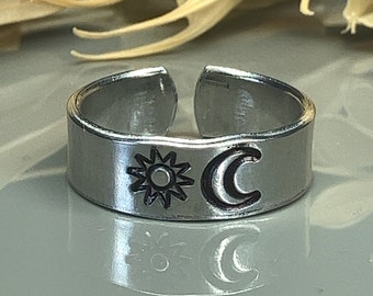 Sun and Moon Adjustable Ring- Hand Stamped Aluminum Celestial Ring - Size 4, 5, 6, 7, 8, 9, 10, 11, 12 half and quarter sizes available