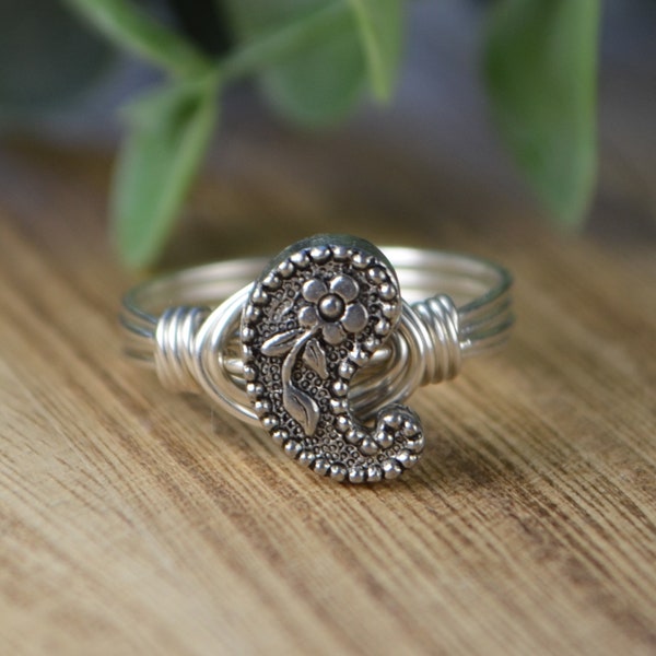 Paisley Flower Ring- Sterling Silver, 14k Rose or Yellow Gold Filled Wire Wrapped with Pewter Bead- Custom Size (full, .25, .5, .75)