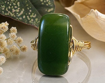 Green Jade Ring: Sterling Silver or Gold Filled Wire Wrapped Rectangular Gemstone - Custom Size