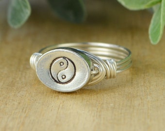 Yin and Yang Ring-Sterling Silver, 14k Yellow or Rose Gold Filled Wire Wrapped Hand Stamped Pewter Bead- Custom Size (full, .25, .5, .75)
