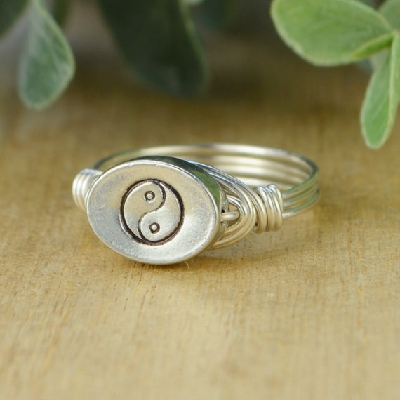 Yin and Yang Ring sterling Silver 14k Yellow or Rose Gold Filled Wire Wrapped Hand Stamped Pewter Bead Custom Size full .25 .5 .75 Etsy