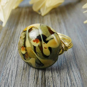 Golden Brown Lampwork Glass and Sterling Silver, Yellow or Rose Gold Filled Wire Wrapped Ring- Size 4 5 6 7 8 9 10 11 12 13 14