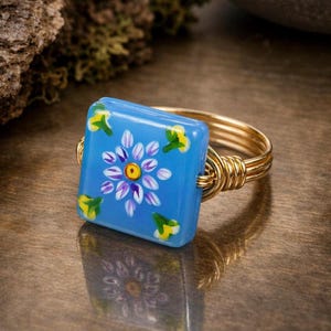 Painted Flower Turquoise Lampwork Ring: Sterling Silver or Rose Gold Filled Wire Wrapped Square Glass Bead - Custom Size