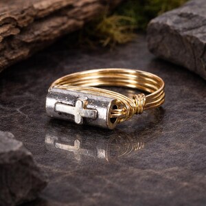 Cross Fidget Ring: Sterling Silver or Gold Filled Wire Wrapped Pewter Bead Worry Ring - Custom Size