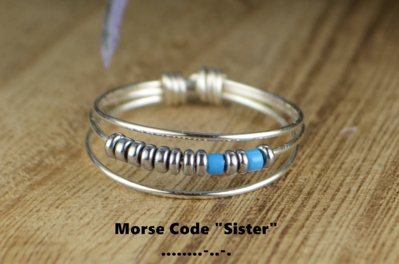 Morse Code SISTER Ring-Your Choice of Color Beads and Silver, 14k Rose or Yellow Gold Filled Wire-Size 4 5 6 7 8 9 10 11 12 13 14 