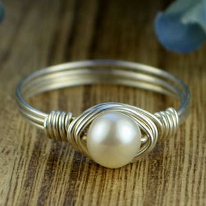 Freshwater Pearl Wrapped Ring Sterling Silver, Yellow or Rose Gold Filled Wire/ White Pearl-Any Size 4 5 6 7 8 9 10 11 12 13 14 1/4 1/2 3/4 image 4