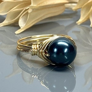 Tahitian Blue Pearl Ring -Sterling Silver, 14k Yellow or Rose Gold Filled Wire and Swarovski Crystal Pearl- Custom Size (full, .25, .5, .75)