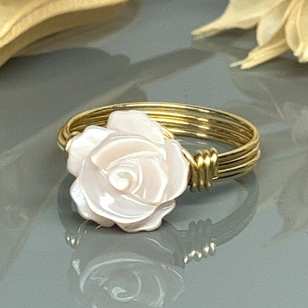 Tiny Pink Mother of Pearl Rose Ring-Sterling Silver, 14k Yellow/ Rose Gold Filled Wire/ Carved Flower-Custom Size (full, .25, .5, .75)