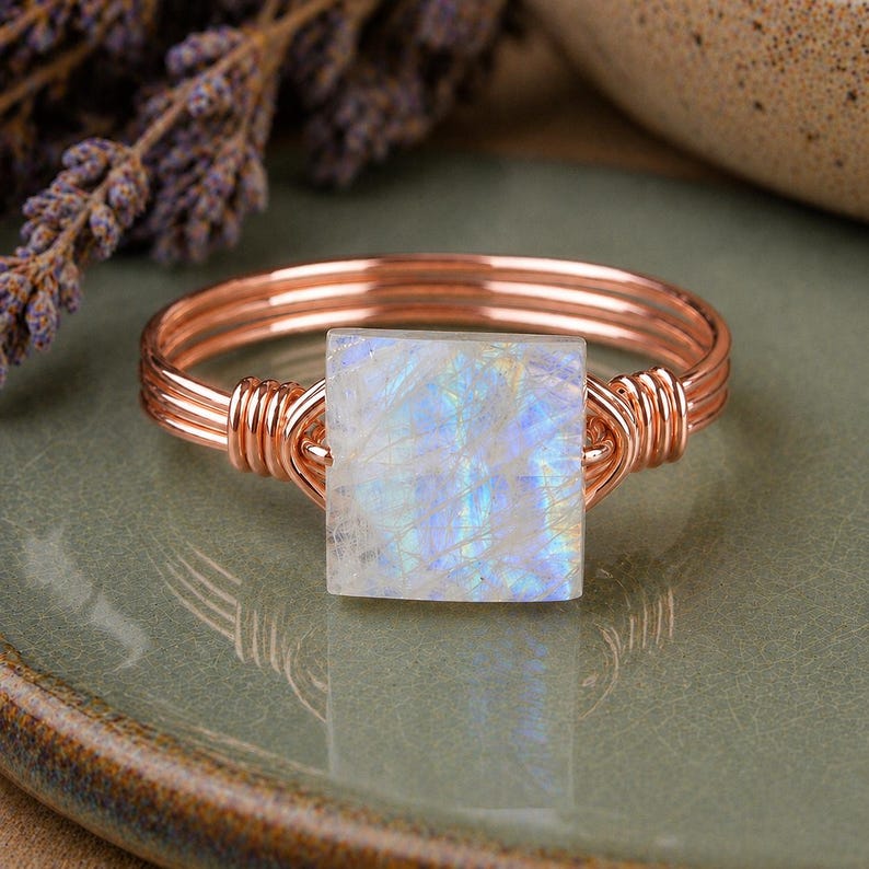 Rainbow Moonstone Ring: Sterling Silver or Gold Filled Wire Wrapped Square Faceted Gemstone - Custom Size Rose gold