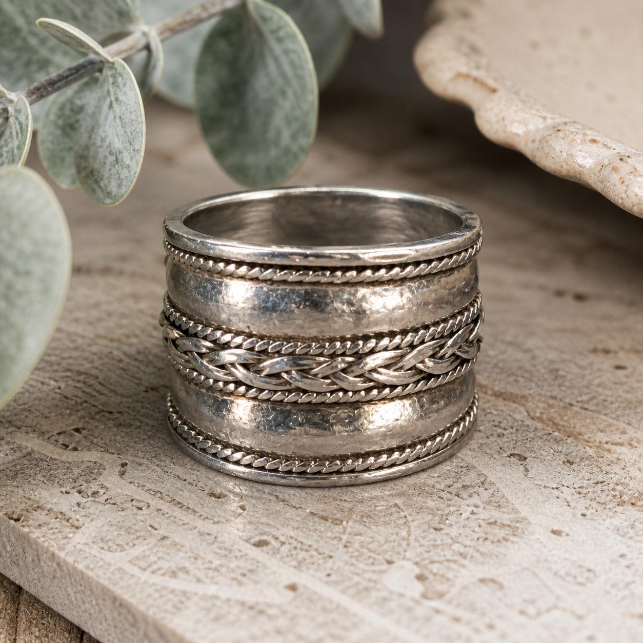 Large Sterling Silver Cigar Band Ring- Rope/braided Design Details  display picture 1