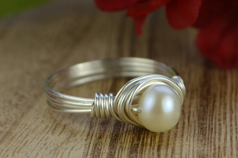 Freshwater Pearl Wrapped Ring Sterling Silver, Yellow or Rose Gold Filled Wire/ White Pearl-Any Size 4 5 6 7 8 9 10 11 12 13 14 1/4 1/2 3/4 image 2