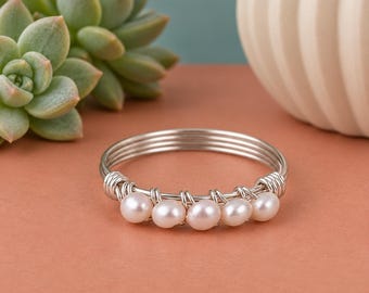 Pink Pearl Stackable Ring: Sterling Silver or Gold Filled Wire Wrapped Tiny Gemstones- Custom Size