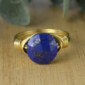 Faceted Round Lapis Lazuli Wire Wrapped Ring- Sterling Silver, 14k Yellow or Rose Gold Filled Wire -Any Size 4 5 6 7 8 9 10 11 12 13 14