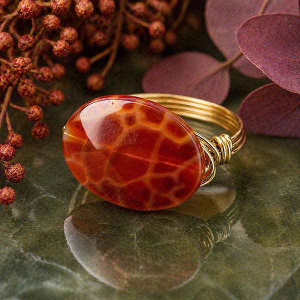 Crab Fire Agate Ring: Sterling Silver or Gold Filled Wire Wrapped Oval Gemstone - Custom Size