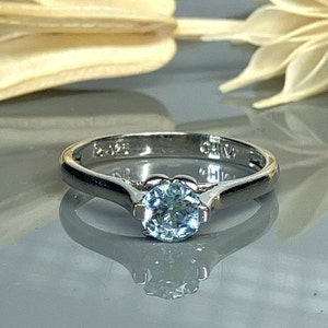 Petite Round Blue Topaz Gemstone Sterling Silver Stackable Solitaire Ring- Vintage- Size 7