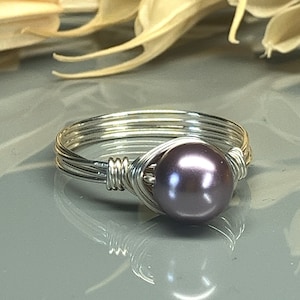 Mauve Swarovski Pearl Wrapped Ring- Sterling Silver, 14k Yellow or Rose Gold Filled Wire - Handmade to Custom Size (full, .25, .5, .75)