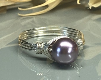 Mauve Swarovski Pearl Wrapped Ring- Sterling Silver, 14k Yellow or Rose Gold Filled Wire - Handmade to Custom Size (full, .25, .5, .75)