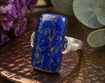 Lapis Lazuli Ring: Sterling Silver or Gold Filled Wire Wrapped Blue Rectangular Gemstone - Custom Size