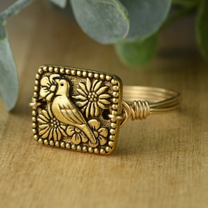 Bird Ring - Sterling Silver, 14k Yellow or Rose Gold Filled Wire Wrapped Ring with Golden Bird Bead - Custom Size (full, .25, .5, .75)