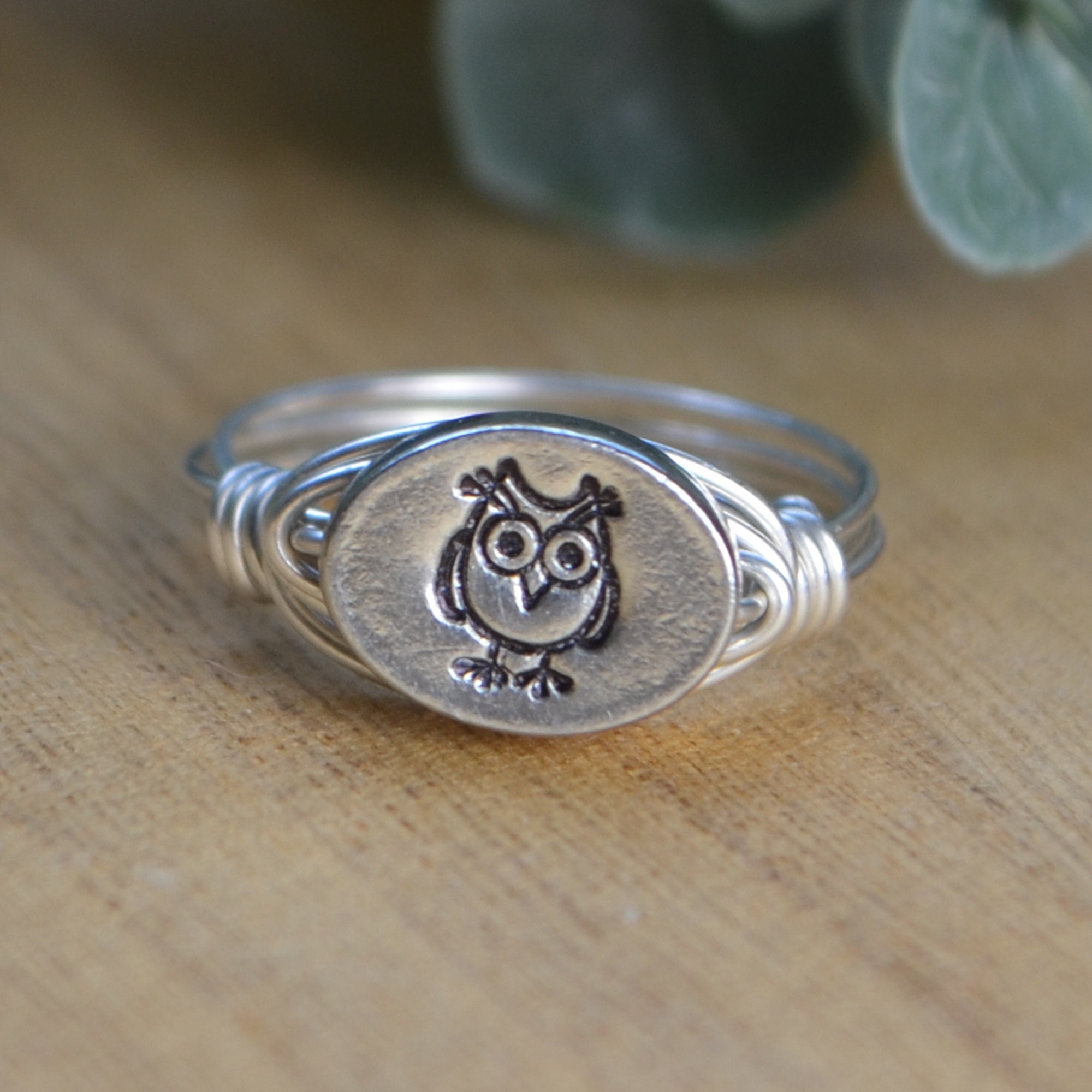 Owl Wire Wrapped Ring in Sterling Silver or Gold Filled - Personalized with Hand Stamped Pewter Owl 