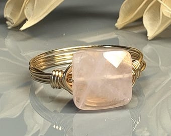Wire Wrapped Rose Quartz Ring: Square Gemstone, Gold Filled or